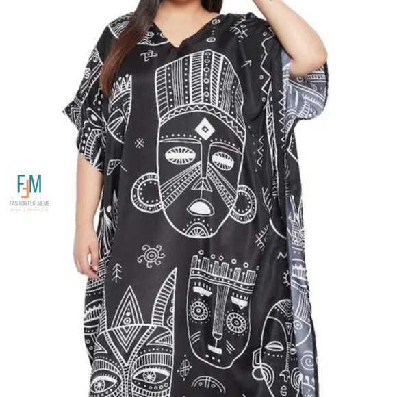Women's Plus Size Full Length Tribal Print Caftan Maxi Dress OSFA - Picture 3 of 8